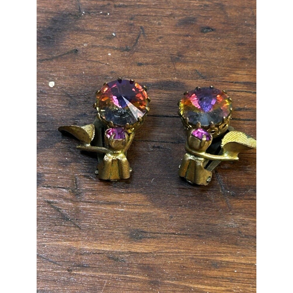 Vintage Austrian Glass Clip-on Earrings Multicolor Glass Flower & Leaf